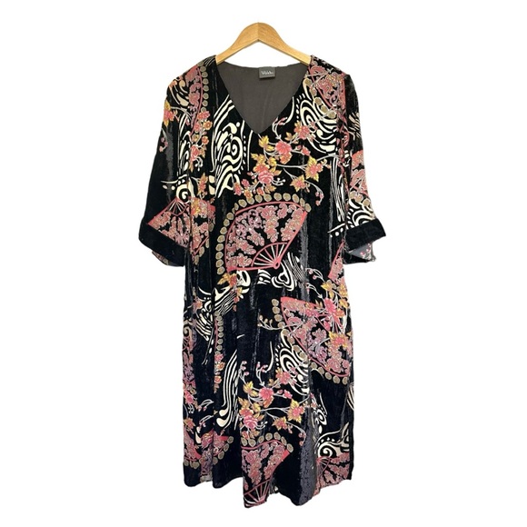 Ulla Popken Burnout Velvet Dress Floral & Fans Print Fits 18/20 - Picture 8 of 16